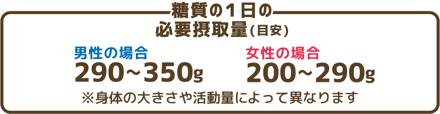 糖質の1日の必要摂取量（目安）男性の場合290～350g　女性の場合200～290g　※身体の大きさや活動量によって異なります