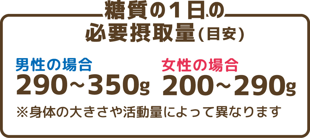 糖質の1日の必要摂取量（目安）男性の場合290～350g　女性の場合200～290g　※身体の大きさや活動量によって異なります